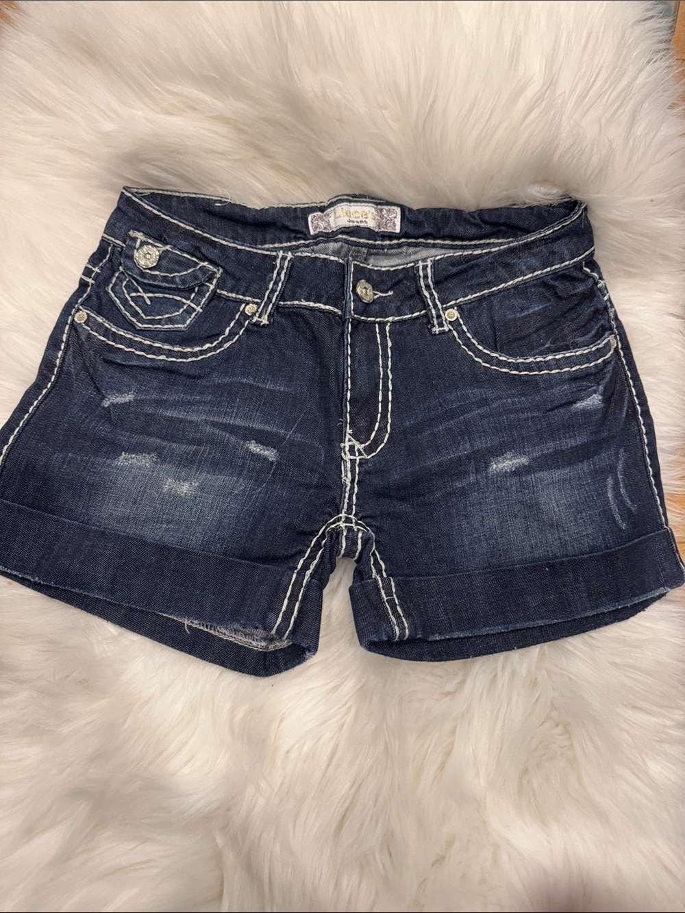 Women's Dark Blue Distressed Denim Jean Shorts with Contrast Stitching